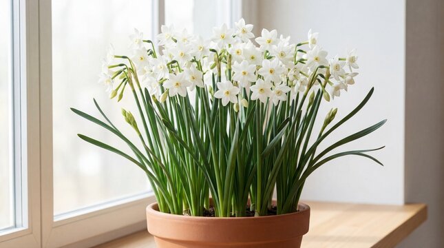Paperwhite narcissus flowers blooming in pot by sunny window  