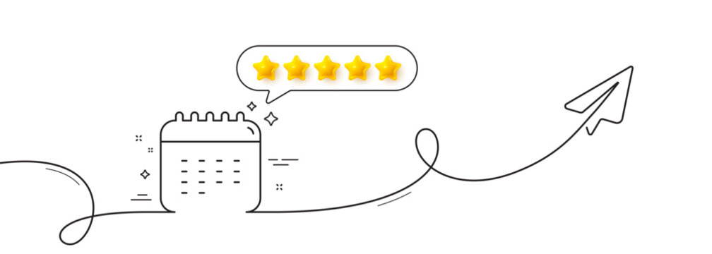 Calendar line icon. Continuous line with share plane. Date reminder sign. Year planner symbol. Five star rate review in speech bubble. Calendar single line ribbon. Loop curve pattern. Vector