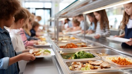 A group of enthusiastic students joyfully holding trays of colorful food in a modern school cafeteria