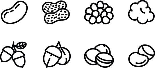 Beans, nuts and seeds line icon collection with peanut shells, acorns, almonds and cotton flower outline vector set © MSTAYESHASIDDIKA