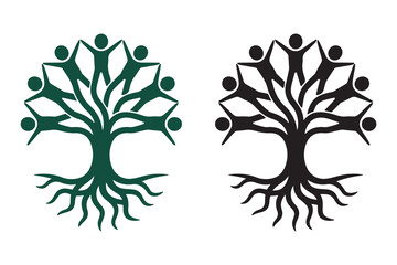 Family tree logo with people silhouettes as branches for community unity