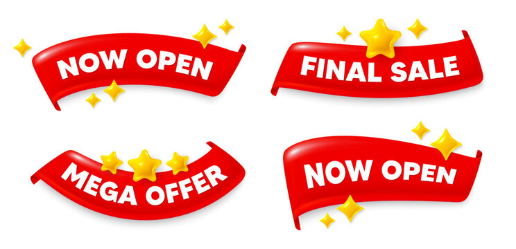 Now open flag ribbon. Mega discount, Final sale, Now open. Now open. Promotion new business sign. Welcome advertising symbol. Red flag ribbon banners. Promo offer tags. Vector