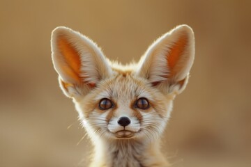 Fox cub with large ears gazes curiously at the camera during golden hour in the desert landscape