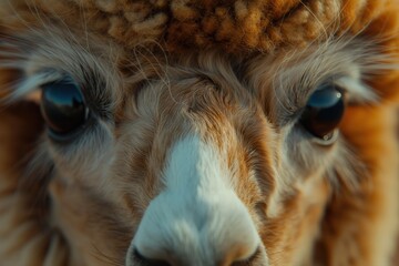 Fototapeta premium Majestic close-up of a fluffy alpaca with captivating eyes marvels at the early morning sun in a serene pasture