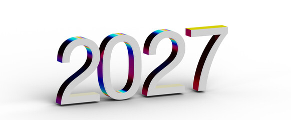 3D render of the year 2027 in a futuristic design with a white background and rainbow gradient....
