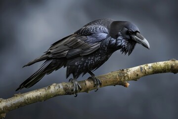 Fototapeta premium Majestic raven perches on a sturdy branch against a mystical gray backdrop at twilight