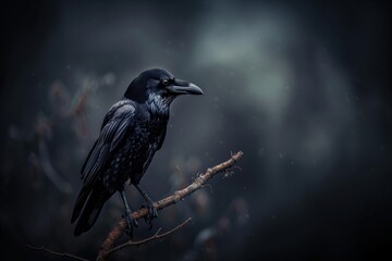 Fototapeta premium Majestic raven perched on a gnarled branch in a misty forest at dusk, embodying the essence of mystery and nature's beauty