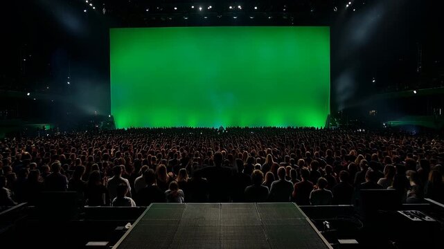 Large crowd watching performance on green screen stage in dark auditorium