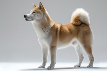 Shiba Inu stands proudly, showcasing its graceful posture and lively spirit in a bright studio setting