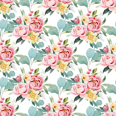 Obraz premium Watercolor floral seamless pattern with summer flowers