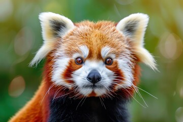 Red panda gazes warmly at the camera in a lush, green forest setting on a bright, sunny day