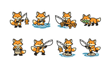 Fototapeta premium Cartoon fox characters fishing and cooking fish