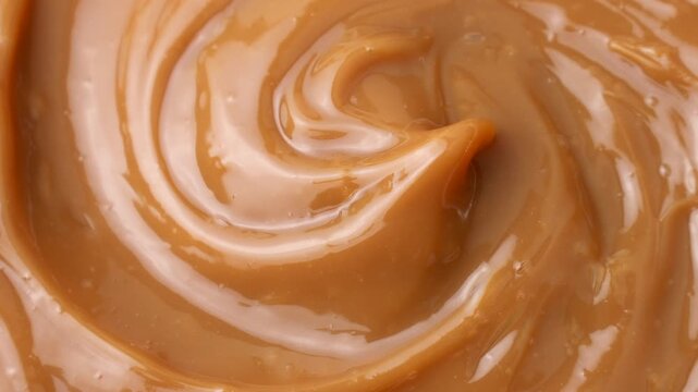 Sweet brown caramel toffee sauce texture circle rotation close up top view
