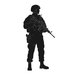 Obraz premium Silhouette of a soldier in full gear holding a rifle, ready for action