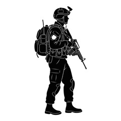 Fototapeta premium Silhouette of a soldier in full gear with rifle and backpack, ready for combat.