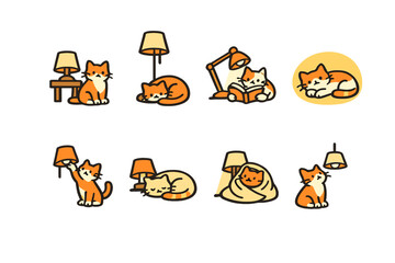 Fototapeta premium Cute orange cats relaxing and playing with lamps in cozy illustrations