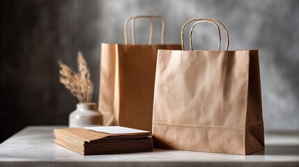 Eco-Friendly Shopping Bags Still Life: A meticulously composed still life presents an array of eco-friendly paper shopping bags, complemented by a subtle assortment of stationery.