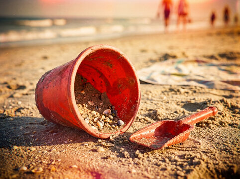 Photographie vintage d'un seau rouge renvers&eacute; rempli de coquillages et d'une petite pelle sur une plage au coucher du soleil