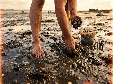 Photographie d'un p&ecirc;cheur &agrave; pied, jambes et mains boueuses, ramassant des coques &agrave; mains nues dans la vase &agrave; mar&eacute;e basse