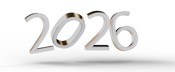 3D render of the year 2026 in metallic style isolated on white. Concepts: future, new year, calendar, time, planning