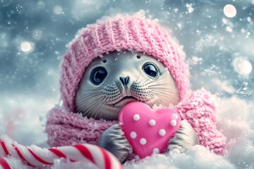 Obraz premium Cute baby seal in pink hat holding heart on snowy winter day