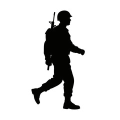 Obraz premium Silhouette of a soldier walking with a rifle and backpack, military concept