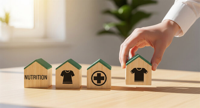Wooden house blocks with basic needs icons, hand arranging miniature homes for nutrition and healthcare, humanitarian aid and social welfare concept