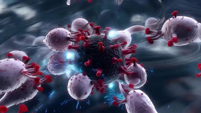 Virus particles floating in biological fluid with red spikes