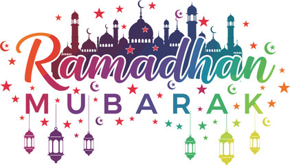 Colorful gradient typography design of Ramadhan Mubarak celebration with elegant mosque silhouette glowing stars and traditional hanging lanterns decoration elements. © Fuad Creatives 