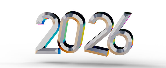 Stylish 2026 year design in silver with a colorful reflection effect for greetings and celebrations. Perfect for new yea © vegefox.com