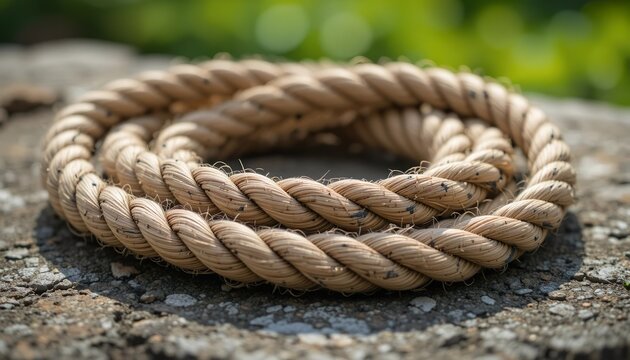 Close up of coiled natural fiber rope on rough ground, detailed braided texture, warm sunlight, shallow depth of field, green blurred background, realistic outdoor setting