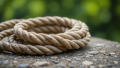 Fototapeta premium Close up of coiled natural fiber rope on rough ground, detailed braided texture, warm sunlight, shallow depth of field, green blurred background, realistic outdoor setting
