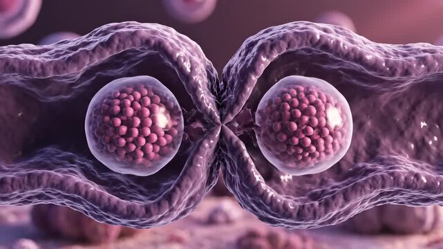 Microscopic cell division process illustrated in detail. Complex cellular structures replicate and split, showing biological reproduction. Scientific visualization.