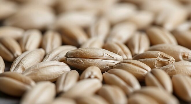Close up macro of wheat grains pile with shallow depth background. Agriculture food grain concept