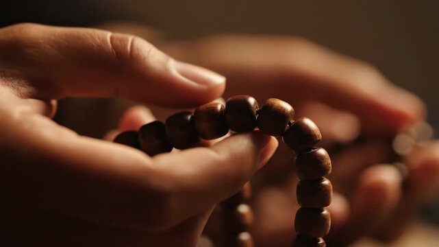 Close up of hands counting wooden prayer beads during meditation. Spiritual practice for mindfulness and inner peace. A person praying with a traditional rosary or mala