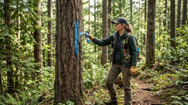 Forester marking a tree in a lush forest.