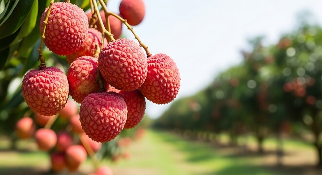 Fresh lychee fruits hanging from tree in orchard with green grass