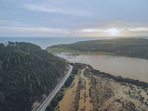 Aerial view of where the river meets the sea, the landscape adorned with contrasting colors of green trees and brown river, Budens, Portugal.