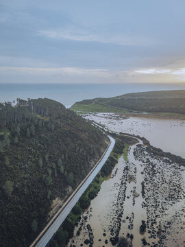 Aerial view of the winding road snaking along the coast, where the deep green forest meets the rugged shoreline and the vast ocean, Budens, Faro, Portugal.