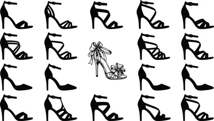 Elegant collection of black silhouette icons strappy high heel sandals with ankle straps buckles bows and floral embellishments stylish women's fashion footwear vector set for summer glamour