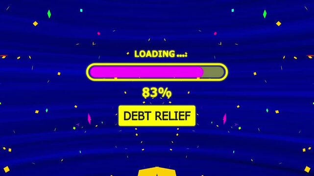 Debt Relief Loading Animation &ndash; Abstract Debt Relief Loading Bar Motion Graphics with Glowing Neon Frame on Dark Background and Confetti Celebration.