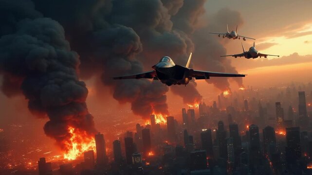 Military fighter jets flying in formation over a burning city skyline at night with massive smoke plumes rising from below
