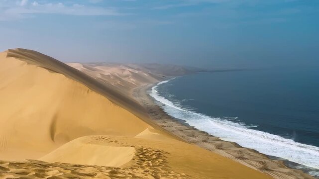 Sandwich Harbour in Namibia at the coast of the Atlantic Ocean. Sandy beach. Sandwich Harbor roundtrip daytime car tour