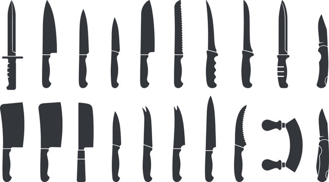 Collection of 16 knife silhouettes featuring chef, combat, utility, cleaver, paring, Santoku, bread, fillet, and hunting designs for culinary, kitchen, and creative illustration projects