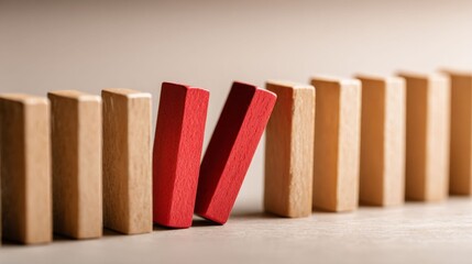 Domino Effect: Two red dominoes stand out from a line of wooden dominoes, embodying the concept of risk and the potential for a chain reaction in a clear, focused image.