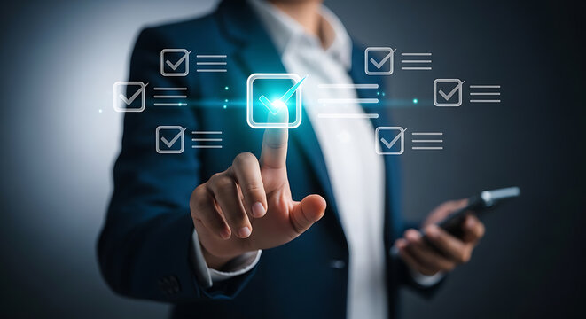 Businessman selecting multiple completed tasks on digital checklist