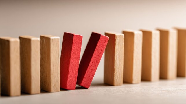 Domino Effect: Two red dominoes stand out from a line of wooden dominoes, embodying the concept of risk and the potential for a chain reaction in a clear, focused image.