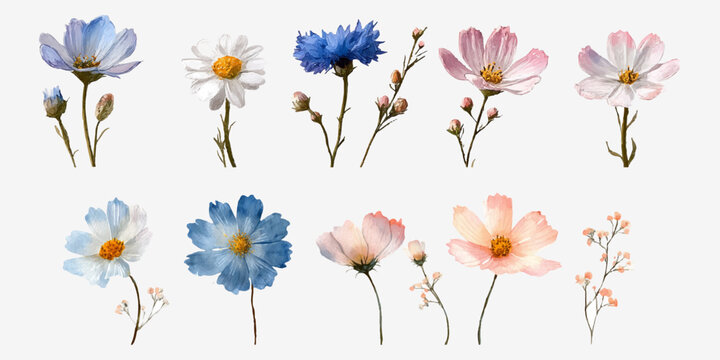 Vibrant collection of watercolor wild flowers and blooming botanicals, including cosmos, daisies, and delicate buds, illustrating the natural beauty and fresh essence of spring