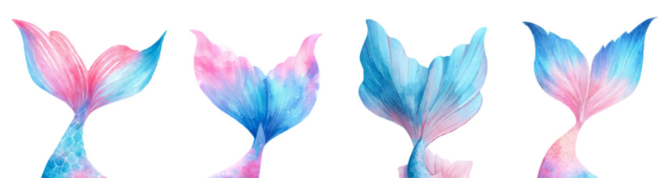 Watercolor mermaid tails collection featuring mystical fantasy sea creatures and mythical ocean dwelling themes with pastel pink and blue scales illustrations on white background