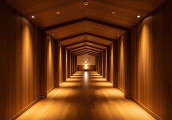 Wooden Corridor Illuminated Perspective Architectural Design Interior Structure Lighting Symmetry Perspective Geometric Lines Wooden Panels Building